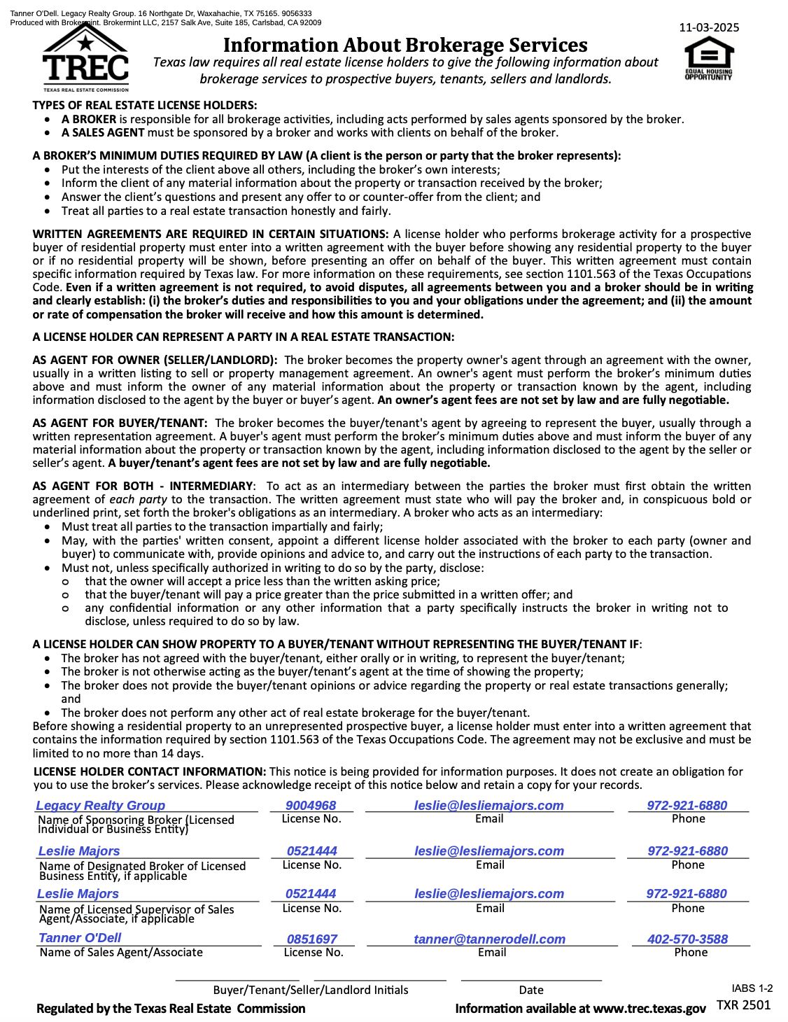 Information About Brokerage Services — Texas Real Estate Commission disclosure